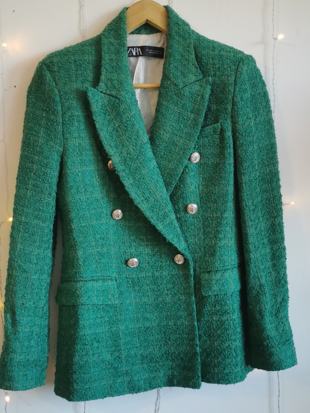ZARA Green Tweed Double Breasted Blazer Gold Buttons